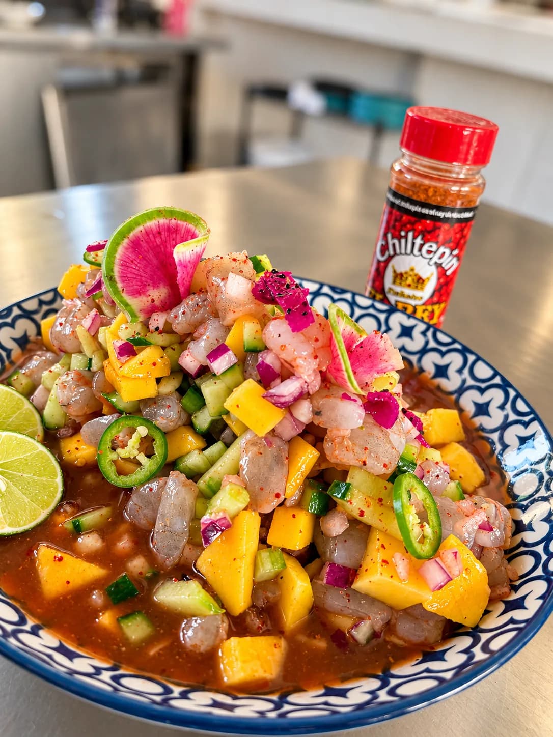 Ceviche de mango con salsa picante Chiltepin El Rey